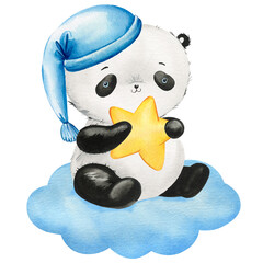 Panda sleeping on a cloud with star hand drawn in watercolor panda isolated on a white background