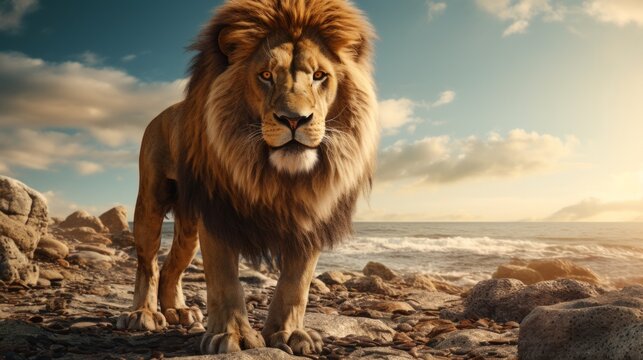 A majestic masai lion perches atop rocky terrain, gazing at the vast sky with its brown fur rippling in the wind, embodying the true essence of a powerful terrestrial animal in the wild