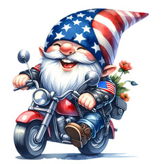 Cute Gnome Riding Motorcycle American Watercolor Clipart Illustration