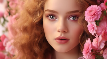 Fototapeta premium portrait of a young woman with pink eyeshadow and flowers