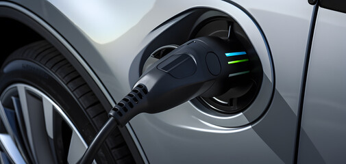EV charging station for silver electric car in concept of green energy and eco power