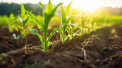 rows of young corn plants growing on the field, agricultural concept - obrazy, fototapety, plakaty