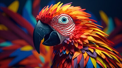 a vibrant parrot created with colorful paper. 3d wallpaper animal background - obrazy, fototapety, plakaty