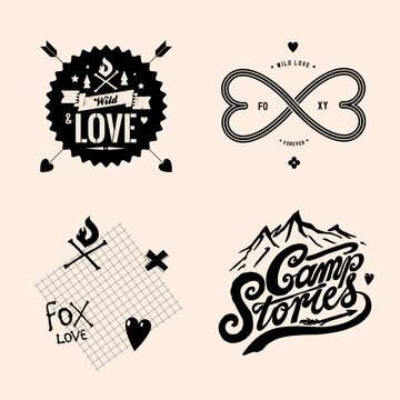 Badges, graphic logos, illustrations, prints, camp stories, wild nature, love. Hand drawn, vector elements, drawings