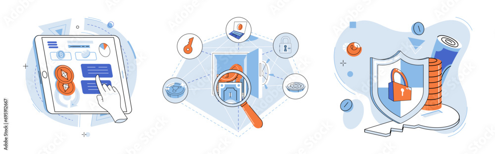 Poster digital currency vector illustration. blockchain technology ensures integrity and security digital c