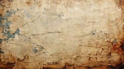 Obraz premium Old, worn paper with peeling paint, folds, and tears. Light brown with areas of blue and red. Rough, textured surface with bumps and ridges