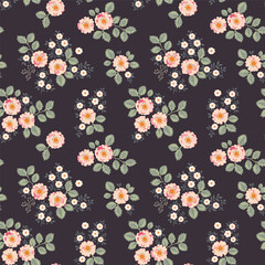 Seamless vector pattern with bouquets of bright vintage-style flowers on a dark background. Pale pink roses, yellow flowers and green leaves.