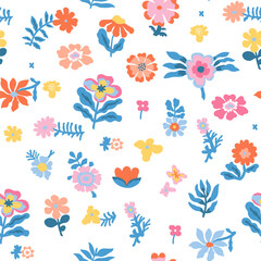 Fototapeta na wymiar Colorful patterns depicting bright flowers, flowers, flower twigs, leaves on a white background. Blue foliage and pink, yellow and orange buds of exotic plants on a light background.