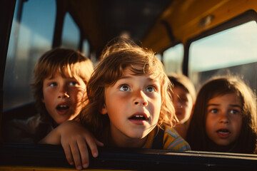 Children on the School bus - Rowdy children hanging out the window 