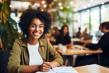 Happy young African American woman taking notes in an office environment - obrazy, fototapety, plakaty