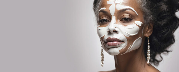 african american grandmother with anti age mask on face, panoramic layout. Generative Aiafrican american grandmother with anti age mask on face, panoramic layout. Generative Ai