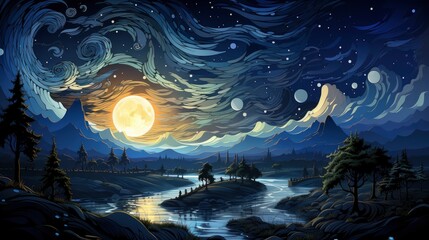 Fototapeta premium Dark Blue Starry Night Sky Big, Background Banner HD, Illustrations , Cartoon style