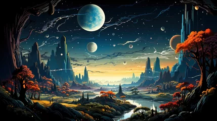 Foto op Plexiglas Deep Space Beauty Planet Orbit, Background Banner HD, Illustrations , Cartoon style © Alex Cuong