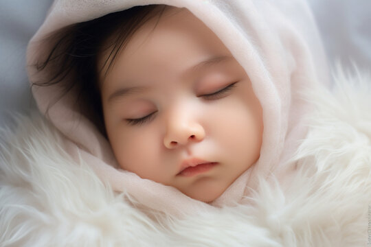 Close Up Photo A newborn girl sleeping in a white blanket
