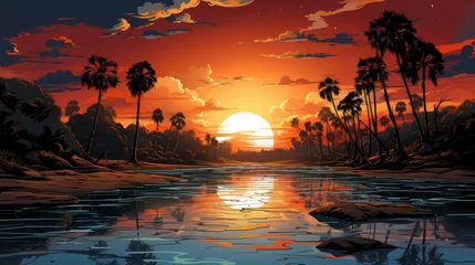 Foto op Plexiglas Duskromantic Sunset Orange Sky Twilight Evening, Background Banner HD, Illustrations , Cartoon style © Alex Cuong