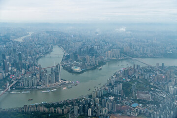 Aerial view of city of Chongqing and Yangtze river in China