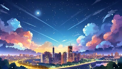 city night scenery clear sunny day sky with movie atmosphere and wonderful cloud beautiful colorful landscape anime comic style art for poster novel ui web game design - obrazy, fototapety, plakaty