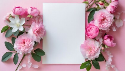 wedding background and mock up white sheet of paper and pink flowers on a pastel pink background space for text and mockup