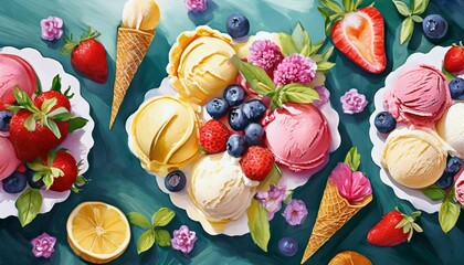 delicious summer indulgence tempting flatlay of fruit infused dessert with mouthwatering ice cream...
