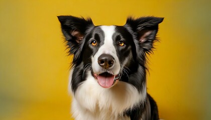 black and white border collie dog on yellow background