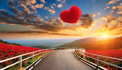 Foto op Canvas red heart shaped clouds at sunset beautiful landscape with road love background with copy space road to love © Tomas