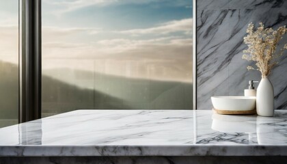 a marble sky counter table and a modern house bathroom beautiful light background inserted through...