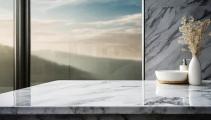 Poster a marble sky counter table and a modern house bathroom beautiful light background inserted through the window minimalist concept of mockup and advertising © Kristopher