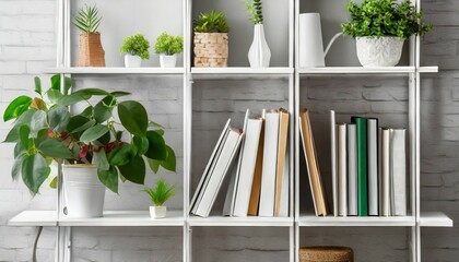 white bookshelf with plants and folders over wall - obrazy, fototapety, plakaty