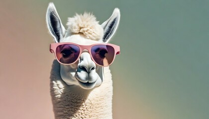 creative animal concept llama in sunglass shade glasses on solid pastel background commercial editorial advertisement surreal surrealism