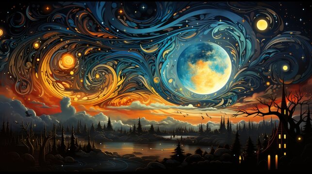 Gorgeous Milky Way Moon Sun Starry, Background Banner HD, Illustrations , Cartoon style