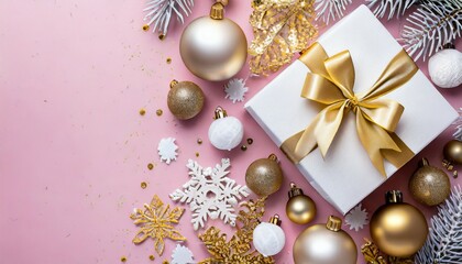 present box at pink background with holiday decorations white and golden christmas decorations flat lay with space for your text