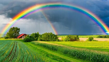 a beautiful colorful rainbow against the background of a dangerous stormy sky over a rural farm
