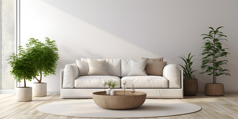 Luxurious Living.Modern White Interior with Stylish Sofa.AI Generative 