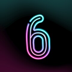 Glowing neon number 6 design,isolated on black background 