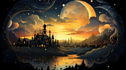 Foto op Aluminium Islamic Moon Sky On Dark Blue, Background Banner HD, Illustrations , Cartoon style © Alex Cuong