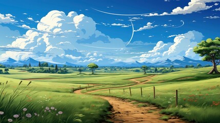 Image Green Grass Field Bright Blue, Background Banner HD, Illustrations , Cartoon style