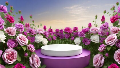 Fototapeta na wymiar podium background flower rose product pink 3d spring table beauty stand display nature white garden rose floral summer background podium cosmetic valentine easter field scene gift purple day romantic