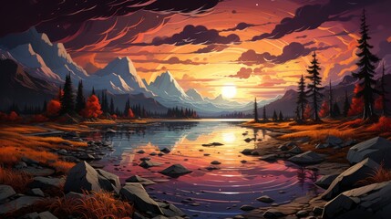 Lake Cicely Altai Siberia Cloudy Autumn, Background Banner HD, Illustrations , Cartoon style - obrazy, fototapety, plakaty