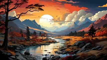 Lake Cicely Altai Siberia Cloudy Autumn, Background Banner HD, Illustrations , Cartoon style - obrazy, fototapety, plakaty