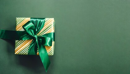 banner with green gift box with ribbon and bow for man and boy on green background holiday gift with birthday or christmas present flat lay top view father s day copy space generated by ai