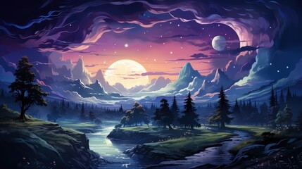 Obraz premium Landscape Gradient Blue Purple Milky Way, Background Banner HD, Illustrations , Cartoon style