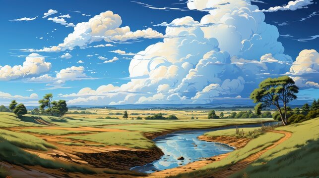 Landscape Image Blue Sky Thin Clouds, Background Banner HD, Illustrations , Cartoon style
