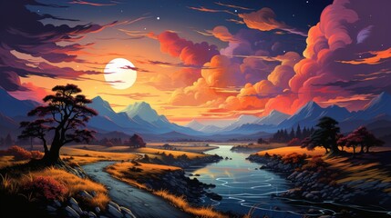 Landscape Sunset Cirrus Clouds Tragic Gloomy, Background Banner HD, Illustrations , Cartoon style