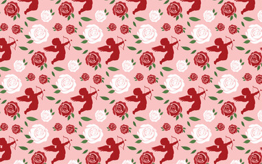 st valentines day seamless pattern with roses and cupids on pink background. vector valentine white red and pink repetitive pattern with angels and florals. romantic love wedding background