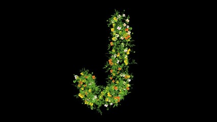 English alphabet J with grass and colorful flowers on plain black background