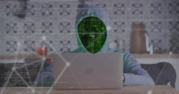 Hacker in hood, code face, working in room laptop typing digital virtus script. anonymous man without face hacking system