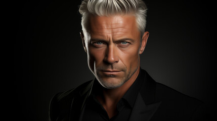 Distinguished silver-haired man in a sharp black suit, ideal for corporate and style concepts