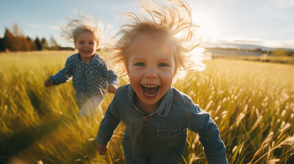 Joyful children running in a field, capturing the essence of freedom and happiness in childhood