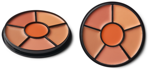 round shaped concealer palette, compact and sleek design contain a range of concealer shades for skin concerns like blemishes, dark circles and redness, isolated on white background