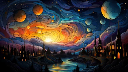 Foto op Canvas Lots Stars Showing Night Sky Over, Background Banner HD, Illustrations , Cartoon style © Alex Cuong